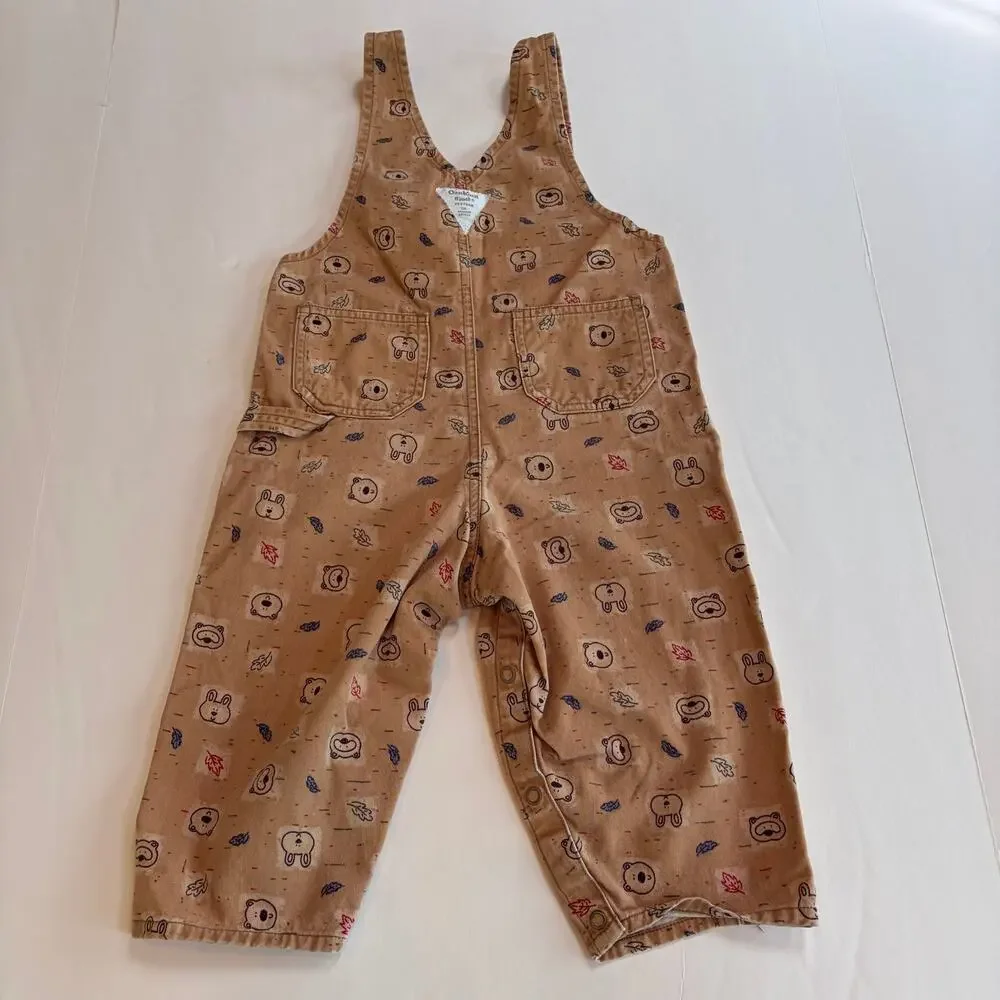 Vintage 2000s Oshkosh Overalls Woodland Forest Animals Leafs Tan Print 24 Months